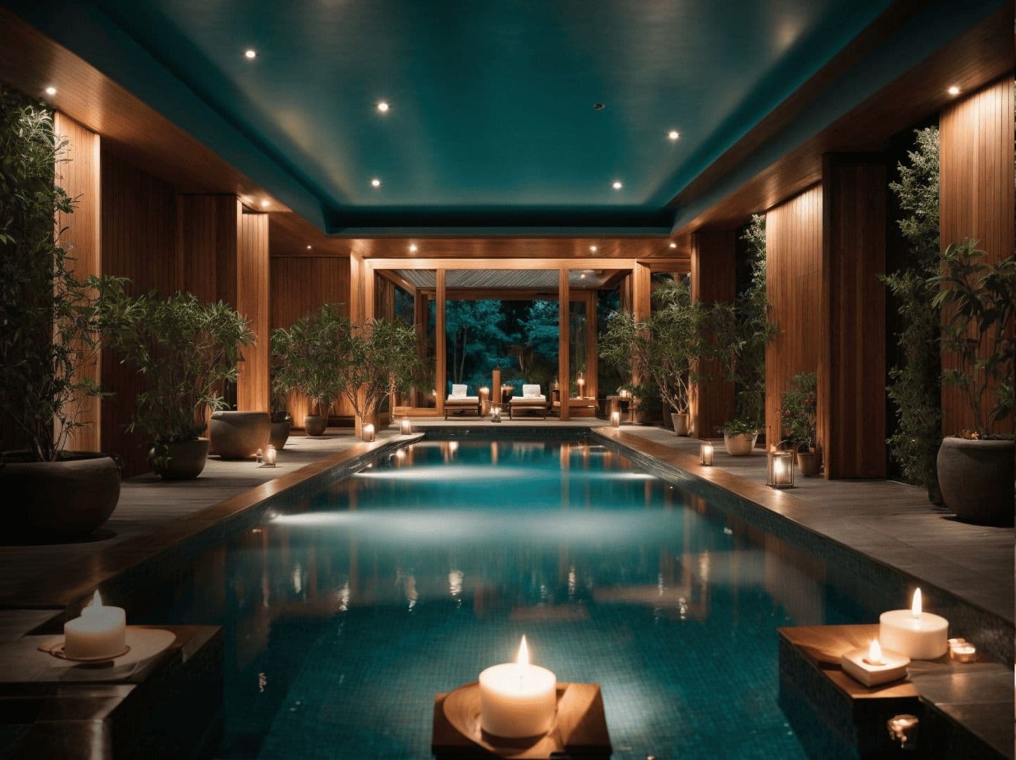 Tranquil indoor pool with warm lighting and lush greenery