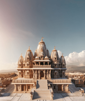 A grand Hindu temple with multiple domes and intricate carvings